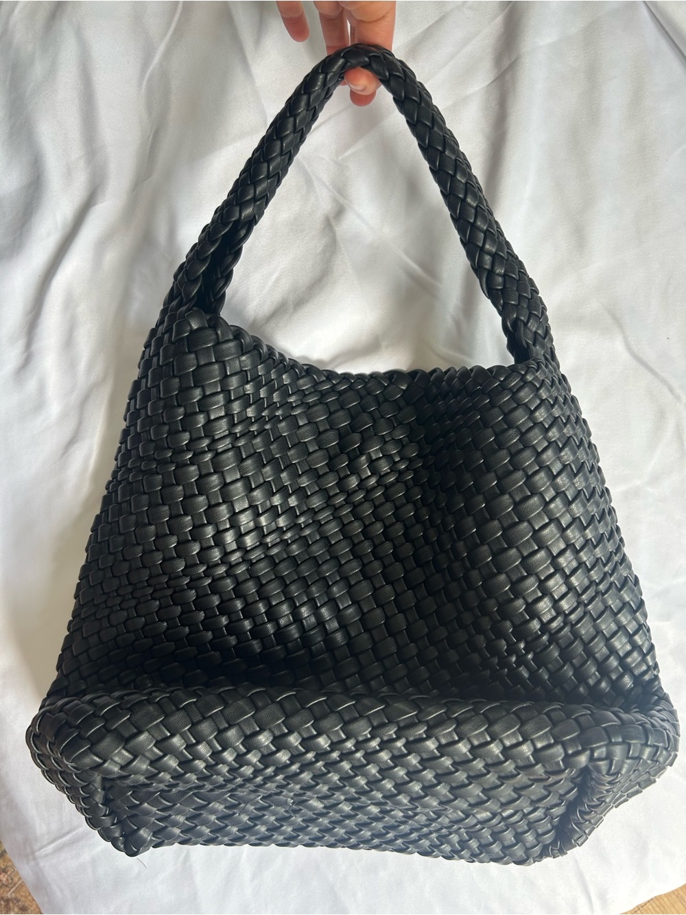 Woven Shoulder Bag - Black Vegan Leather